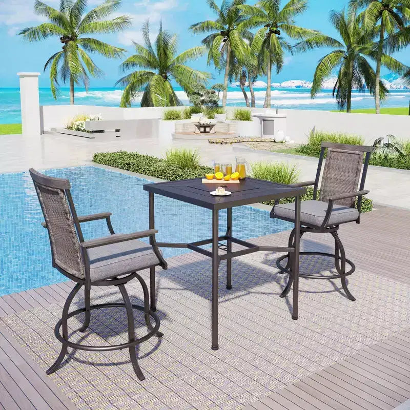 Captiva Designs – Ensemble de bar 3 pièces de jardin avec table haute en métal et chaises de bar pivotantes avec coussins et accoudoirs