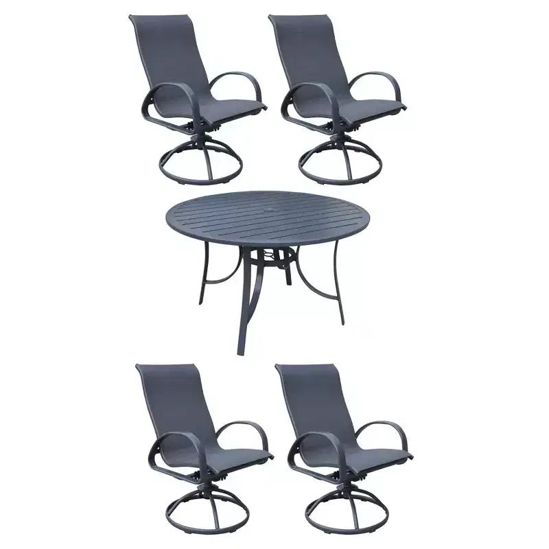 Ensemble de salle à manger décontracté Courtyard Santa Fe de 5 pièces avec table ronde de 48 po et fauteuils pivotants à bascule en toile Comprend une table ronde et 4 fauteuils pivotants à bascule en toile.