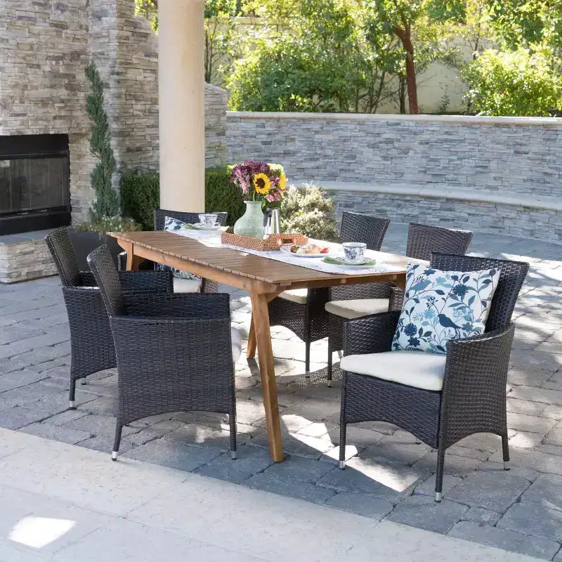 Christopher Knight Home Saba Outdoor Wicker and Acacia Wood 7 Piece Dining Set with Cushion