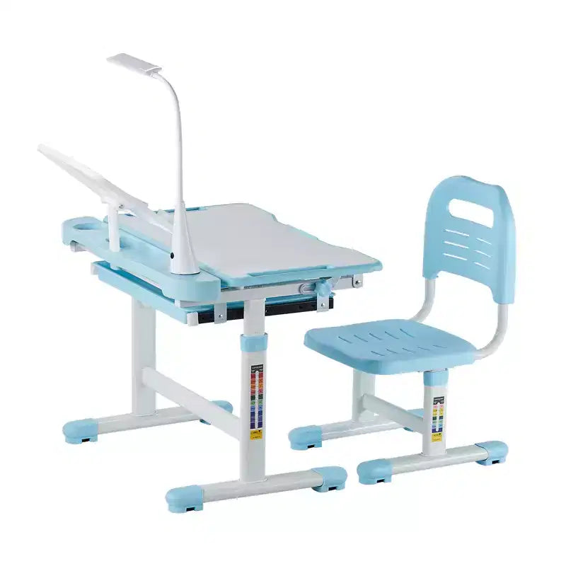 VEVOR Kids Study Chair and Desk Set, Study Desk and Chair with Table Lamp, Adjustable Height & 0-40 Tilted Desktop Kids Desk and Chair, Blue