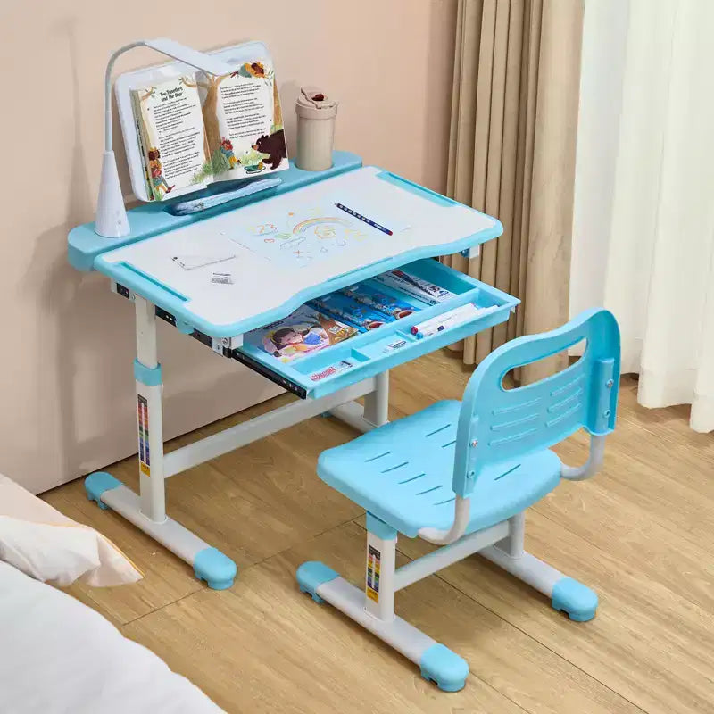Ensemble Chaise et Bureau d'étude pour enfants VEVOR, Bureau d'étude et Chaise avec Lampe de table, Hauteur réglable et Plateau inclinable à 0-40° pour enfants, Bleu