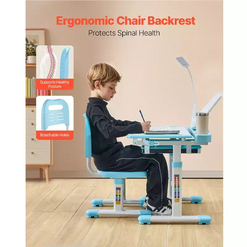 Ensemble Chaise et Bureau d'étude pour enfants VEVOR, Bureau d'étude et Chaise avec Lampe de table, Hauteur réglable et Plateau inclinable à 0-40° pour enfants, Bleu