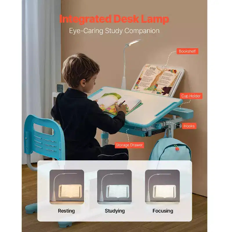 Ensemble Chaise et Bureau d'étude pour enfants VEVOR, Bureau d'étude et Chaise avec Lampe de table, Hauteur réglable et Plateau inclinable à 0-40° pour enfants, Bleu