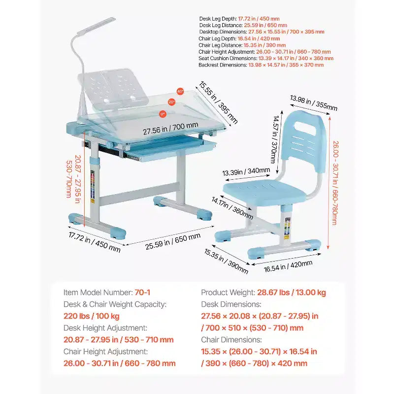 Ensemble Chaise et Bureau d'étude pour enfants VEVOR, Bureau d'étude et Chaise avec Lampe de table, Hauteur réglable et Plateau inclinable à 0-40° pour enfants, Bleu