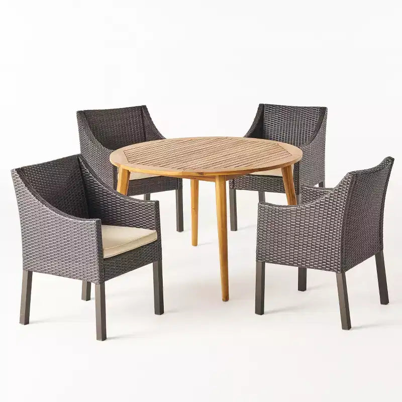 Christopher Knight Home Torrence Ensemble de salle à manger d'extérieur 5 pièces en bois d'acacia et osier avec coussin