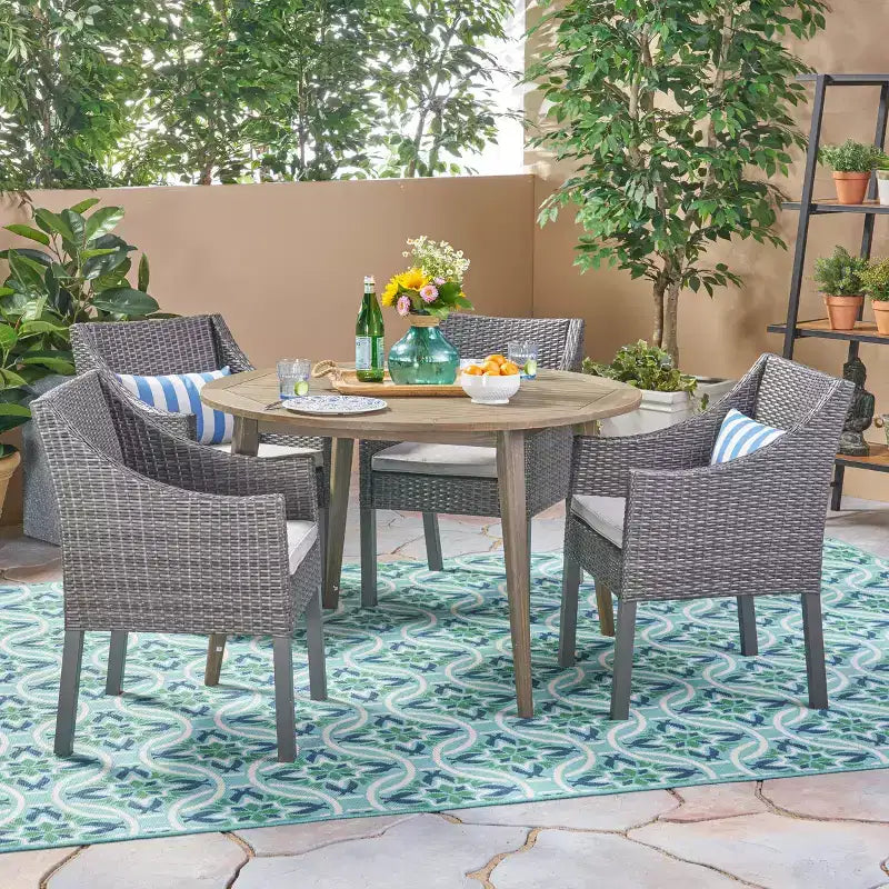 Christopher Knight Home Torrence Outdoor Acacia Wood and Wicker 5 Piece Dining Set with Cushion