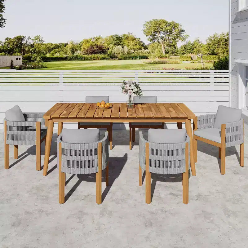 Christopher Knight Home Corin Ensemble de salle à manger d'extérieur rustique 7 pièces en bois d'acacia, corde tressée, table à lattes et coussins