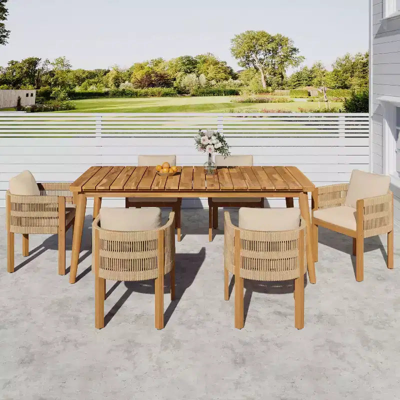 Christopher Knight Home Corin Ensemble de salle à manger d'extérieur rustique 7 pièces en bois d'acacia, corde tressée, table à lattes et coussins