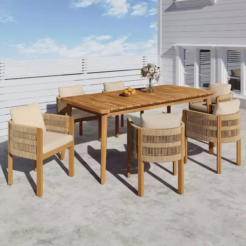 Christopher Knight Home Corin Rustic 7 Piece Outdoor Acacia Wood Woven Rope Dining Set with Slatted Table and Cushions