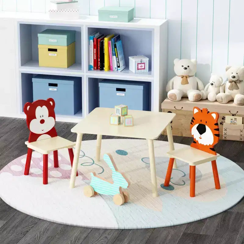Ensemble table et 2 chaises pour enfants, ensemble de table et chaises 3 pièces pour tout-petits, ensemble de table de jeu d'activités en bois (ours et tigre)