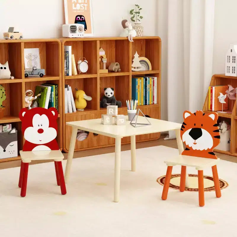 Ensemble table et 2 chaises pour enfants, ensemble de table et chaises 3 pièces pour tout-petits, ensemble de table de jeu d'activités en bois (ours et tigre)