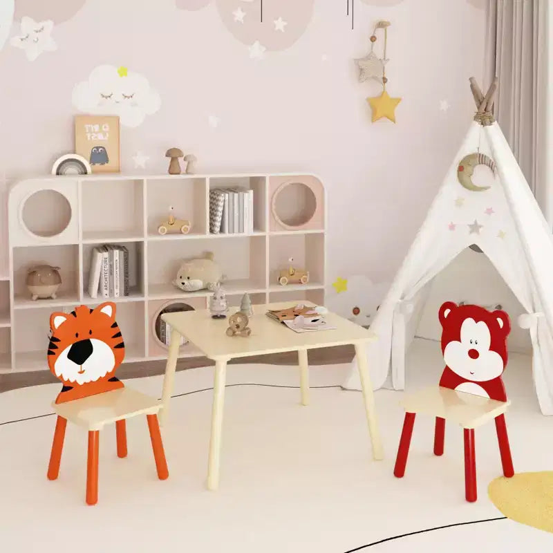 Ensemble table et 2 chaises pour enfants, ensemble de table et chaises 3 pièces pour tout-petits, ensemble de table de jeu d'activités en bois (ours et tigre)