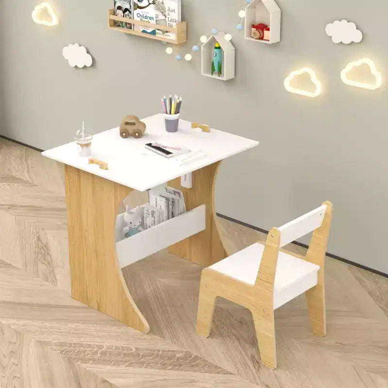 Ensemble Table et Chaise pour Enfants, Table d'Étude Multifonctionnelle en Bois avec Plateau Convertible pour Étudier, Dessiner et Jouer, Naturel