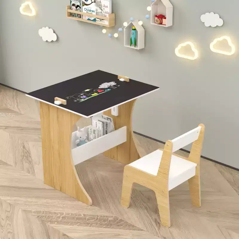 Ensemble Table et Chaise pour Enfants, Table d'Étude Multifonctionnelle en Bois avec Plateau Convertible pour Étudier, Dessiner et Jouer, Naturel