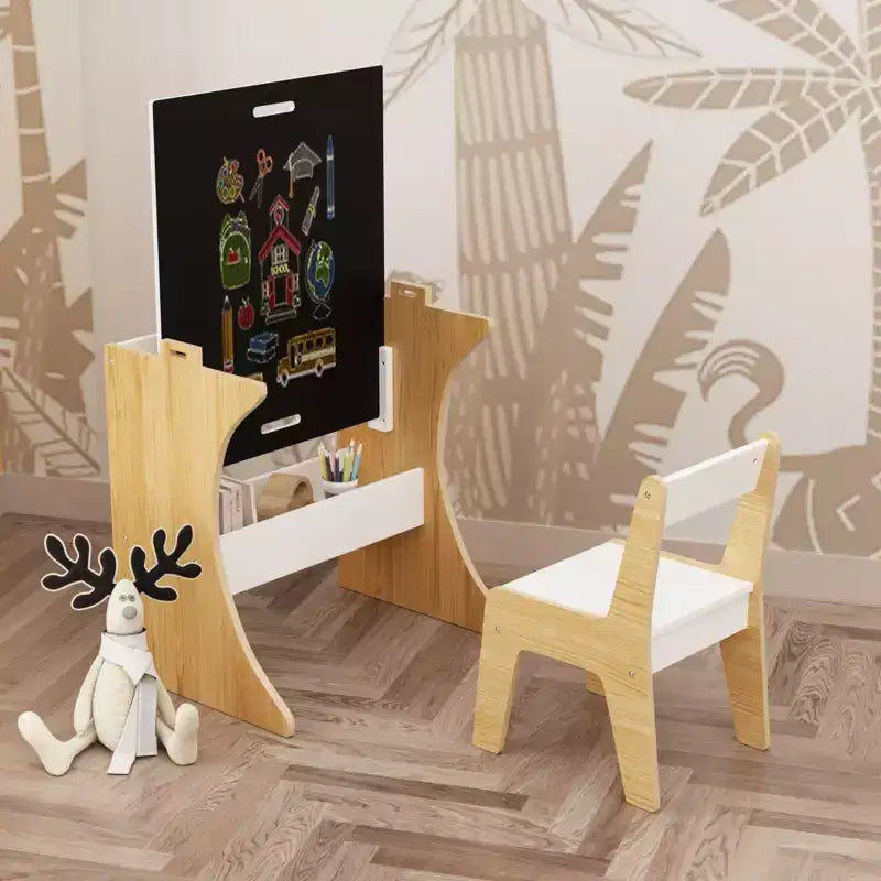 Ensemble Table et Chaise pour Enfants, Table d'Étude Multifonctionnelle en Bois avec Plateau Convertible pour Étudier, Dessiner et Jouer, Naturel