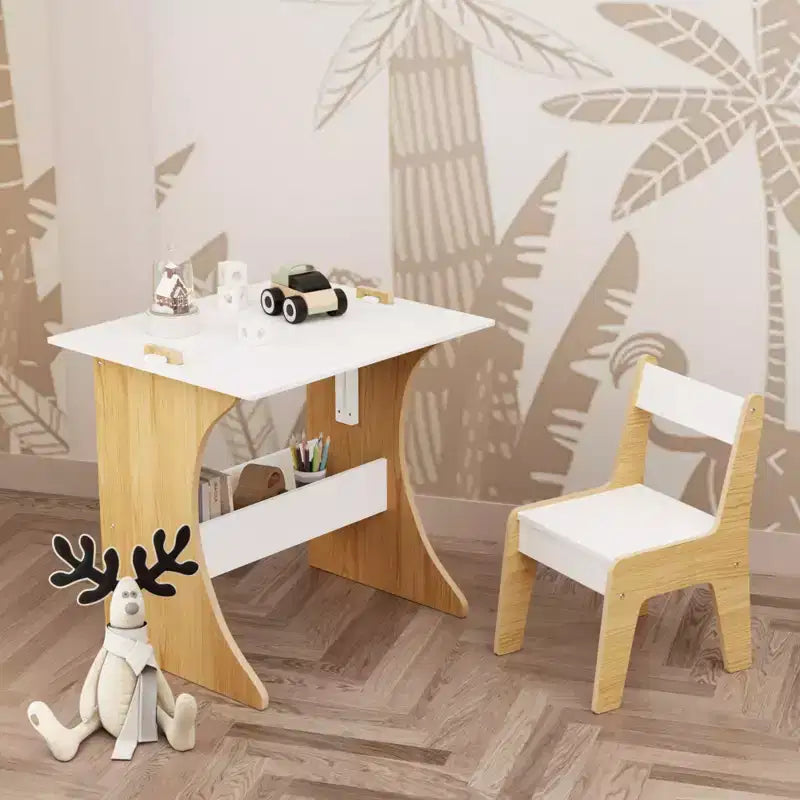 Ensemble Table et Chaise pour Enfants, Table d'Étude Multifonctionnelle en Bois avec Plateau Convertible pour Étudier, Dessiner et Jouer, Naturel