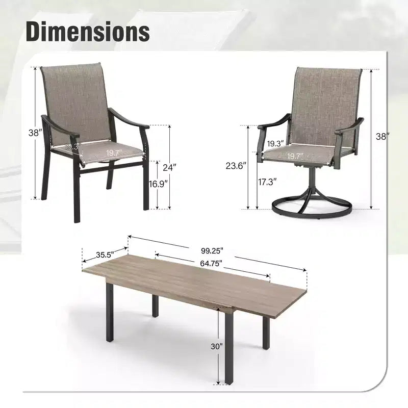 Captiva Designs Ensemble de salle à manger d'extérieur 7 pièces avec table extensible en acier et chaises avec accoudoirs en textilène marron