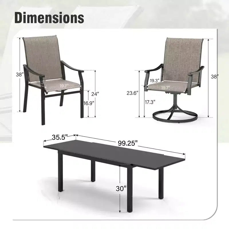 Captiva Designs Ensemble de salle à manger d'extérieur 7 pièces avec table extensible en acier et chaises avec accoudoirs en textilène marron