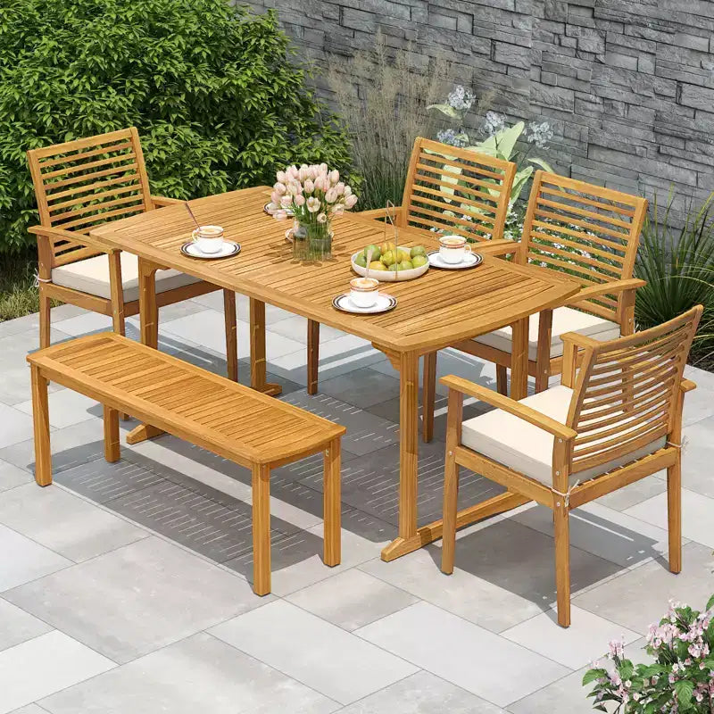 Costway 6PCS Outdoor Acacia Wood Dining Set Rectangle Dining Table with 4 Chairs & Bench