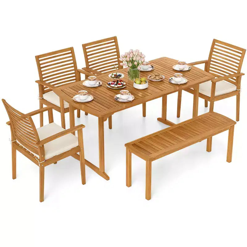 Costway Ensemble repas de jardin 6 pièces en bois d'acacia, table rectangulaire avec 4 chaises et un banc