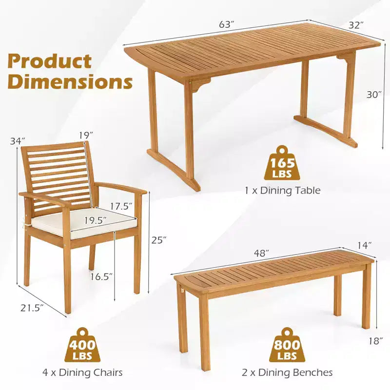 Costway Ensemble repas de jardin 6 pièces en bois d'acacia, table rectangulaire avec 4 chaises et un banc