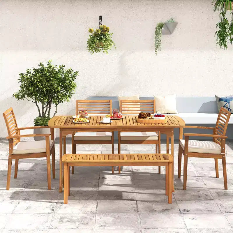 Costway Ensemble repas de jardin 6 pièces en bois d'acacia, table rectangulaire avec 4 chaises et un banc