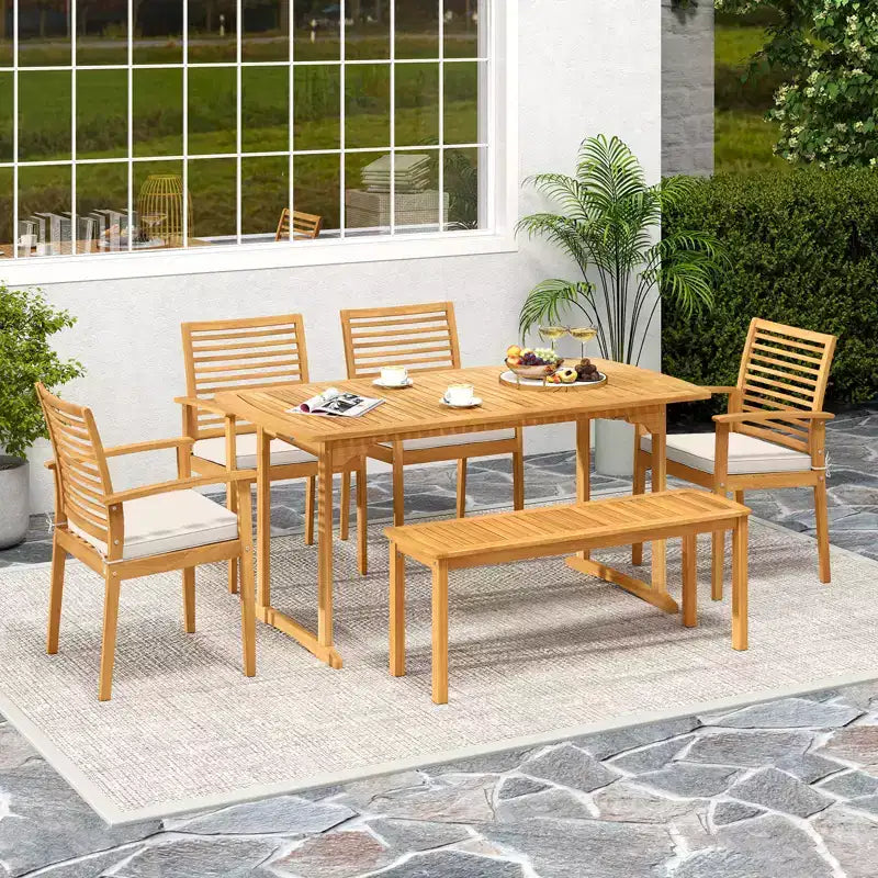 Costway Ensemble repas de jardin 6 pièces en bois d'acacia, table rectangulaire avec 4 chaises et un banc