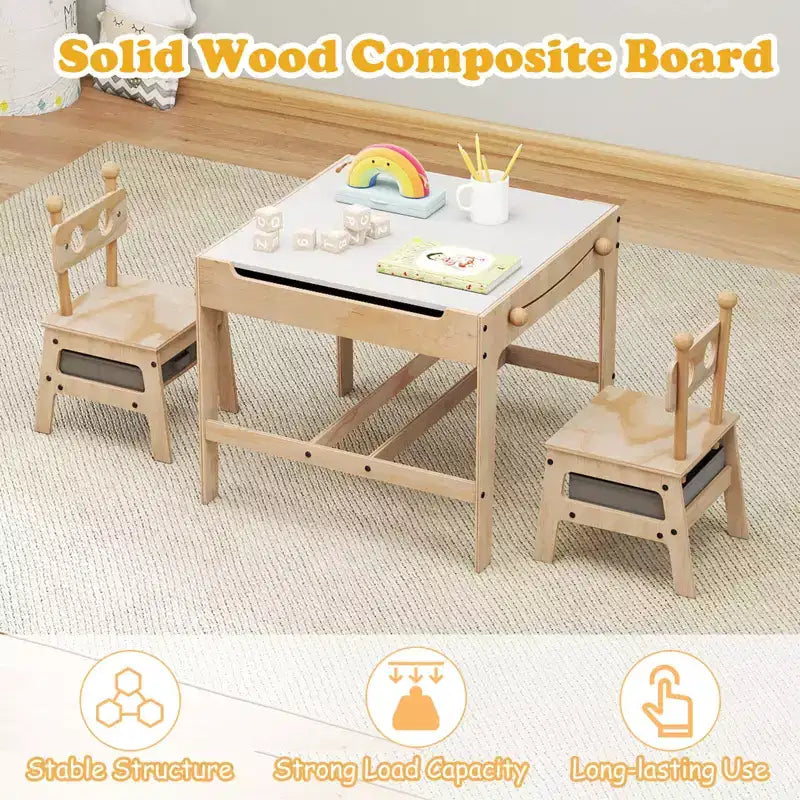 Costway Table et Chaises pour Enfants 4 en 1 Table d'Activités pour Enfants avec Tableau Blanc Réversible Gris+Naturel/Orange+Naturel