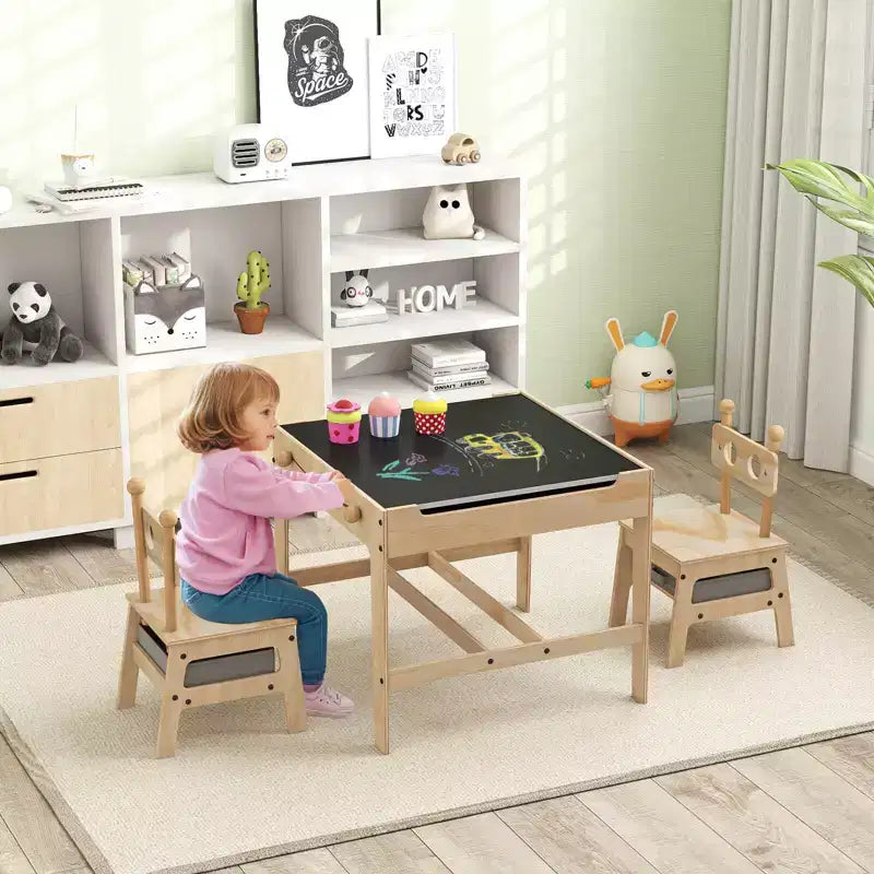 Costway Table et Chaises pour Enfants 4 en 1 Table d'Activités pour Enfants avec Tableau Blanc Réversible Gris+Naturel/Orange+Naturel