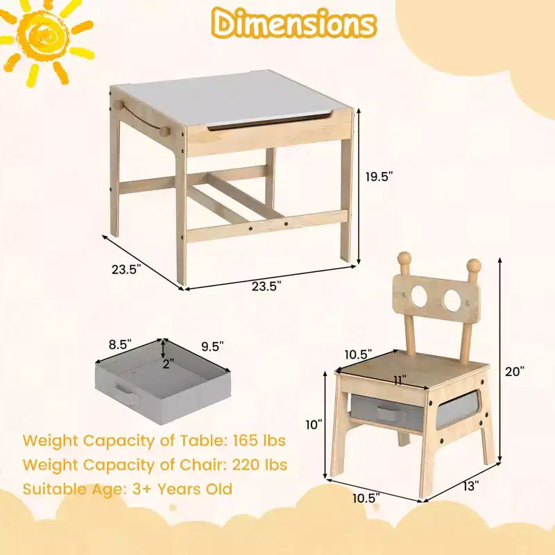 Costway Table et Chaises pour Enfants 4 en 1 Table d'Activités pour Enfants avec Tableau Blanc Réversible Gris+Naturel/Orange+Naturel