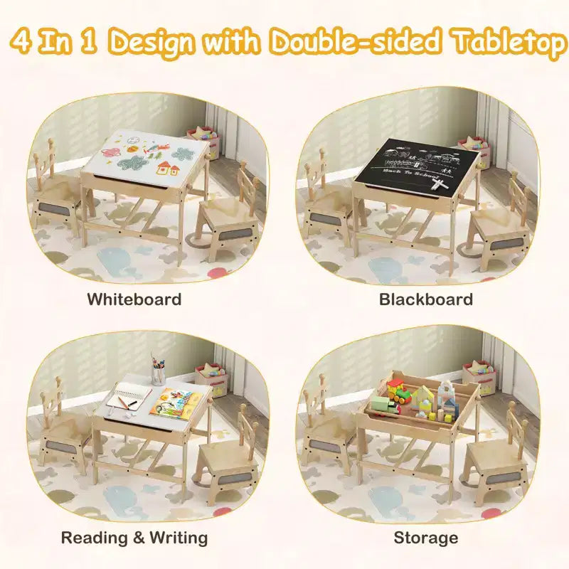 Costway Table et Chaises pour Enfants 4 en 1 Table d'Activités pour Enfants avec Tableau Blanc Réversible Gris+Naturel/Orange+Naturel