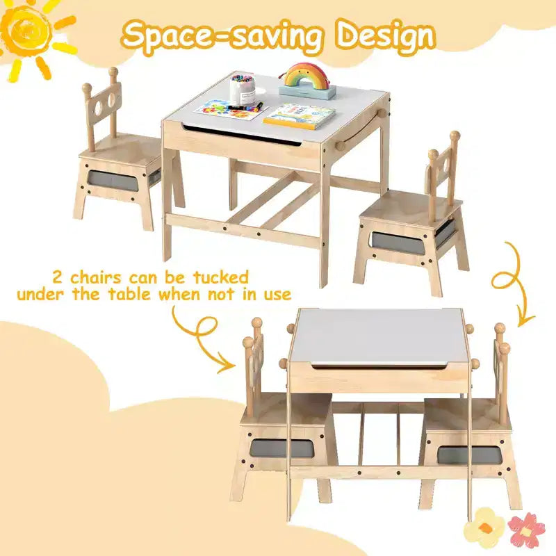 Costway Table et Chaises pour Enfants 4 en 1 Table d'Activités pour Enfants avec Tableau Blanc Réversible Gris+Naturel/Orange+Naturel
