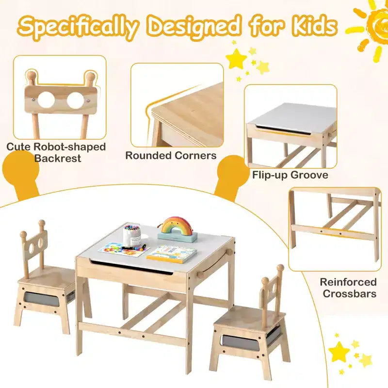 Costway Table et Chaises pour Enfants 4 en 1 Table d'Activités pour Enfants avec Tableau Blanc Réversible Gris+Naturel/Orange+Naturel