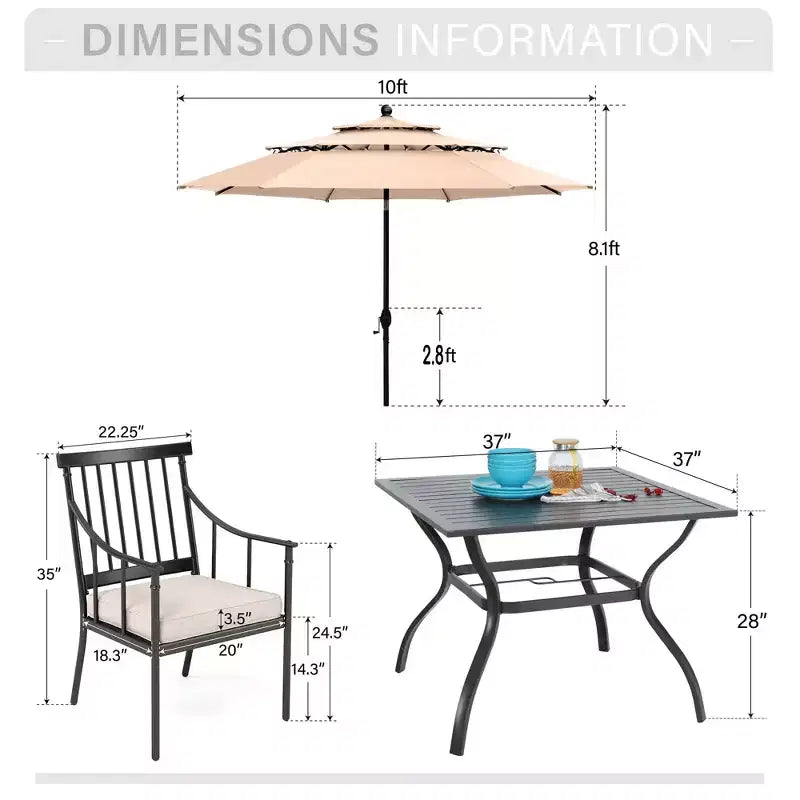 Captiva Designs Ensemble de patio 6 pièces avec table carrée, cadre en acier, chaises rembourrées élégantes et parasol de 3 m