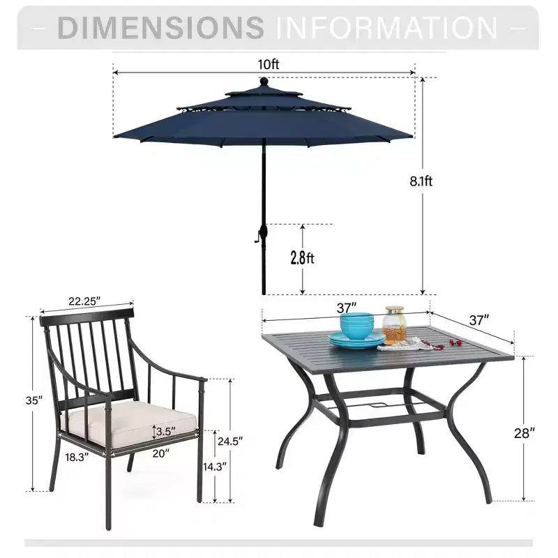 Captiva Designs Ensemble de patio 6 pièces avec table carrée, cadre en acier, chaises rembourrées élégantes et parasol de 3 m