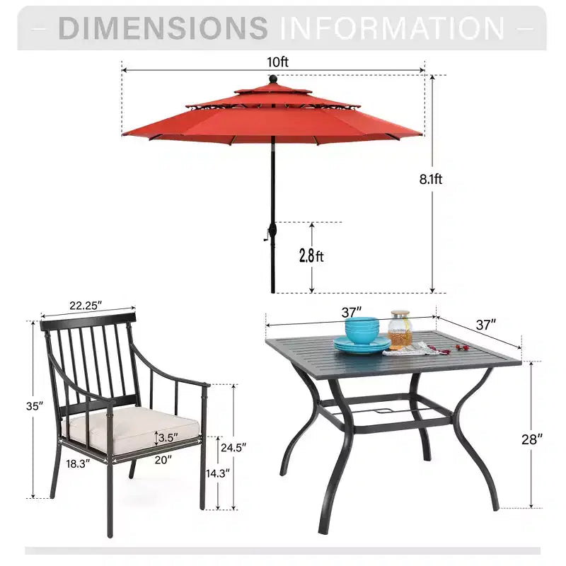 Captiva Designs Ensemble de patio 6 pièces avec table carrée, cadre en acier, chaises rembourrées élégantes et parasol de 3 m