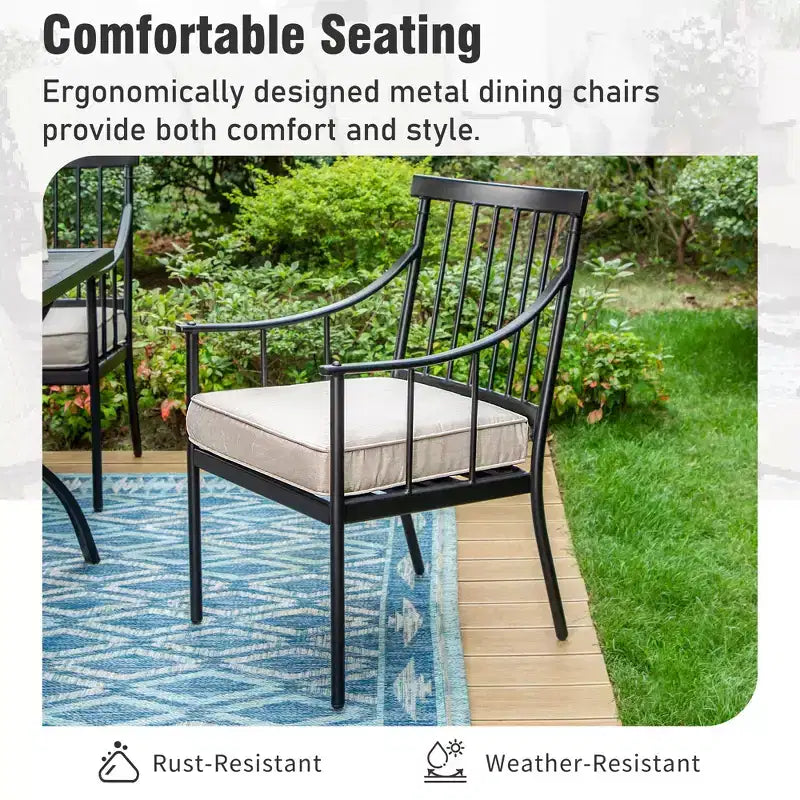 Captiva Designs Ensemble de patio 6 pièces avec table carrée, cadre en acier, chaises rembourrées élégantes et parasol de 3 m
