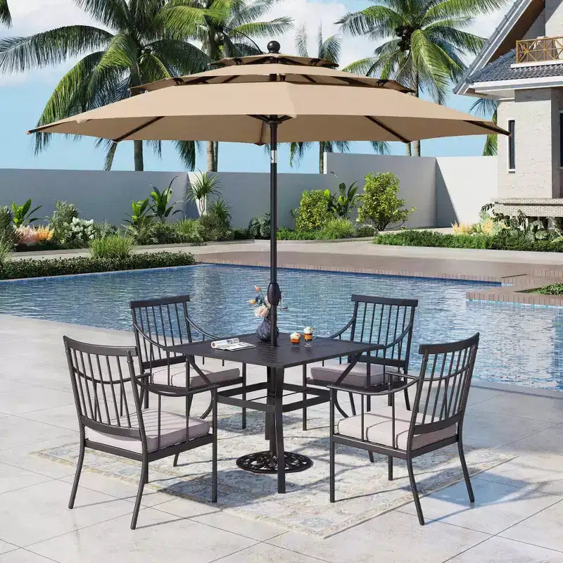 Captiva Designs 6pc Patio Square Table with Steel Frame & Stylish Cushioned Chairs &10ft Umbrella