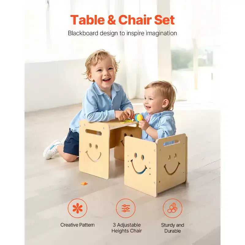 Table et chaise de sevrage Montessori VEVOR, ensemble 3-en-1 en bois pour tout-petits avec tableau noir, table à hauteur réglable pour les 1-5 ans, naturelle