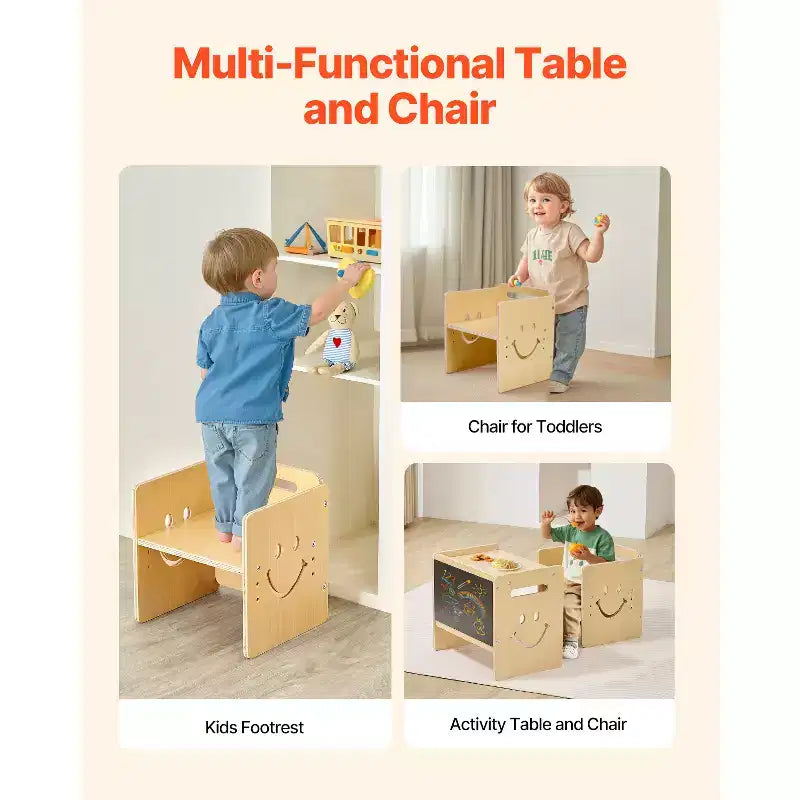 Table et chaise de sevrage Montessori VEVOR, ensemble 3-en-1 en bois pour tout-petits avec tableau noir, table à hauteur réglable pour les 1-5 ans, naturelle