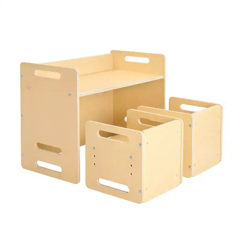 VEVOR Montessori Weaning Table and Chair Set, Wooden Toddler Table and Chair Set with 2 Chairs, Adjustable Height Chair and Activity Table, Natural