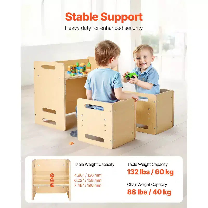 Ensemble table et chaises de sevrage Montessori VEVOR, ensemble table et chaises en bois pour tout-petits avec 2 chaises, chaises et table d'activités réglables en hauteur, naturel