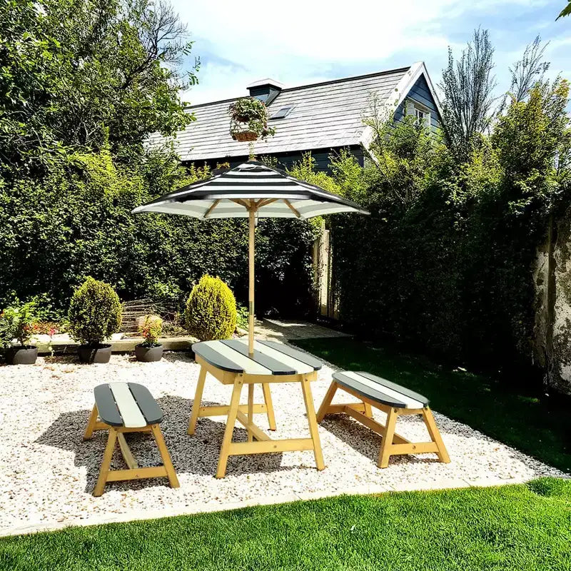 Table de pique-nique pour enfants naturellement ludique avec parasol, jouets intérieurs/extérieurs – Bleu foncé