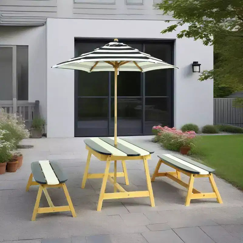 Table de pique-nique pour enfants naturellement ludique avec parasol, jouets intérieurs/extérieurs – Bleu foncé