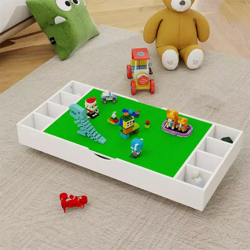 Table enfant, table de jeu rabattable 2 en 1 et organisateur de jouets compatible Lego, pour ranger sous le lit ou le canapé, meuble de jeu