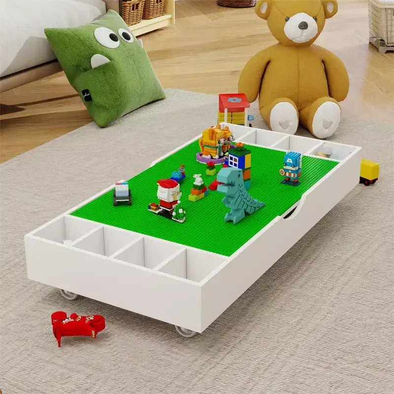 Table enfant, table de jeu rabattable 2 en 1 et organisateur de jouets compatible Lego, pour ranger sous le lit ou le canapé, meuble de jeu