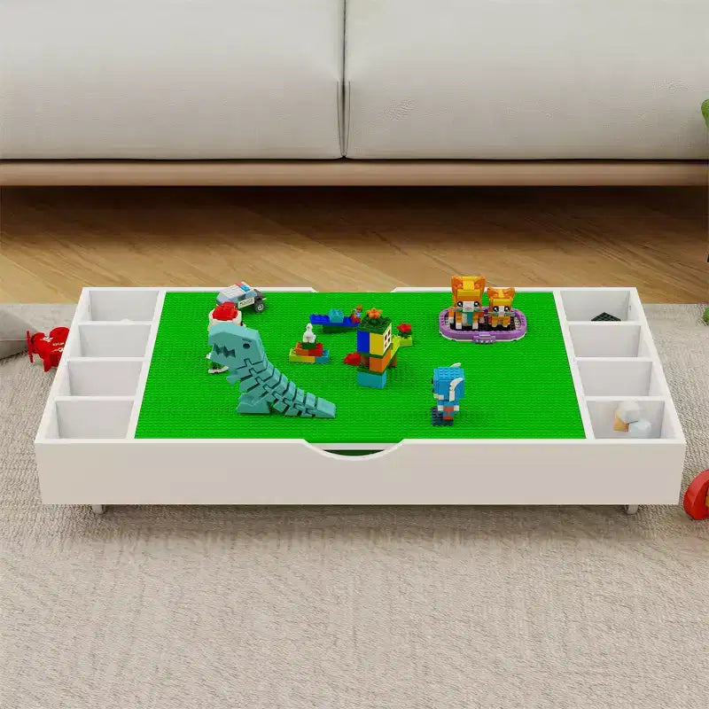 Table enfant, table de jeu rabattable 2 en 1 et organisateur de jouets compatible Lego, pour ranger sous le lit ou le canapé, meuble de jeu
