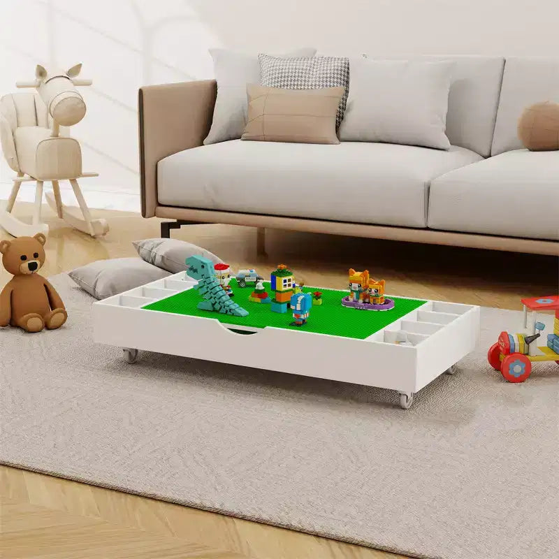 Table enfant, table de jeu rabattable 2 en 1 et organisateur de jouets compatible Lego, pour ranger sous le lit ou le canapé, meuble de jeu