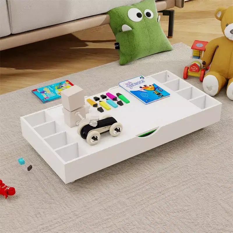Table enfant, table de jeu rabattable 2 en 1 et organisateur de jouets compatible Lego, pour ranger sous le lit ou le canapé, meuble de jeu