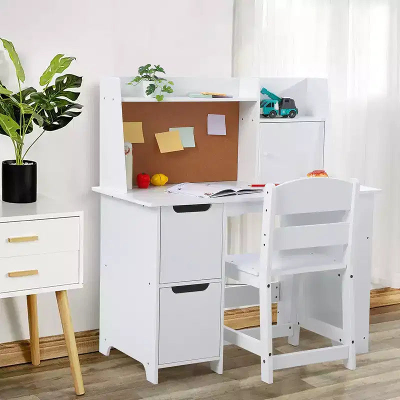 COZONY Kids Desk and Chair Set, Wooden Study Table with Storage Shelf & Bulletin Board, Child Learning and Writing Desk